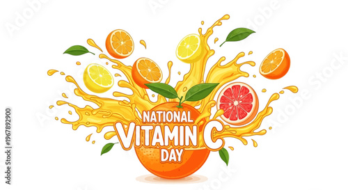 A vibrant illustration for National Vitamin C Day featuring citrus fruits and splashes of juice with a bold design.