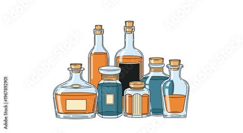 Set of various antique glass bottles and jars filled with colorful liquids and sealed with cork stoppers on a white background.
