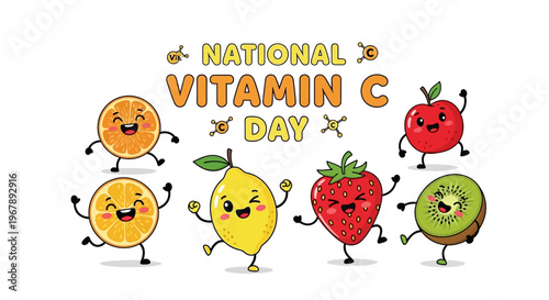 Illustration of cartoon fruits celebrating National Vitamin C Day with a playful and healthy vibe, featuring oranges, lemons, strawberries, apples, and kiwis in a colorful and lively