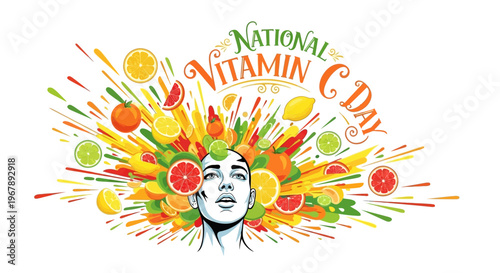 Illustration of a woman's face surrounded by colorful fruits and vegetables celebrating National Vitamin C Day with a vibrant and healthy theme.