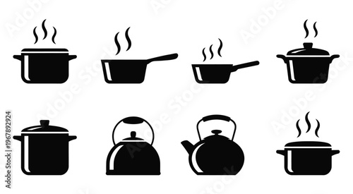 Steaming pot icon collection, different cooking pot designs with rising steam, ideal for food apps, menu graphics, cooking tutorials, and kitchen-themed illustrations.