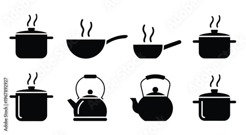 Cooking pots with steam vector set, illustrations of pots in various styles emitting steam, suitable for culinary, kitchen, restaurant, and recipe design projects.