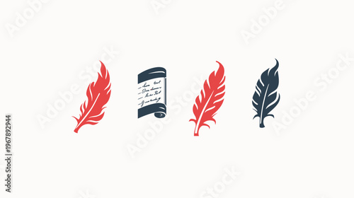 Two red and two navy blue elements on white 2 feathers, 1 scroll with cursive