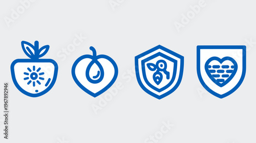 Four blue line art fruit and shield icons arranged in a horizontal row