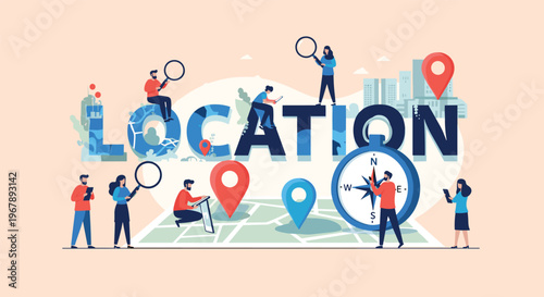 Group of people using navigation tools such as maps and compasses to find specific geographic locations on a large world map.