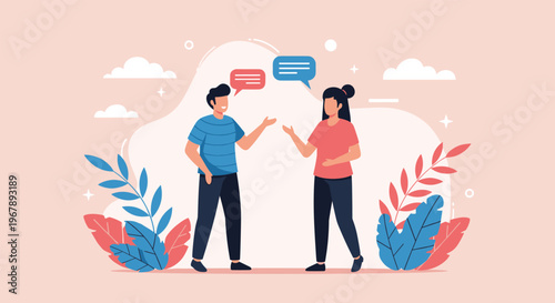 Man and woman having a friendly conversation with speech bubbles in a stylish outdoor setting decorated with large tropical leaves.