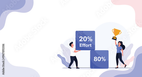 Illustration of the Pareto principle showing a man lifting a block representing twenty percent effort while a woman holds a trophy.