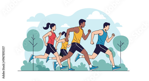 Diverse group of people jogging together in a scenic public park to maintain a healthy lifestyle and improve their physical fitness.