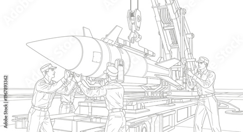 Men working on large rocket.