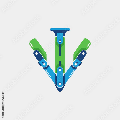 Abstract illustration of a robotic arm or mechanical gripper mechanism in blue and green, forming a downward-pointing V-shape.