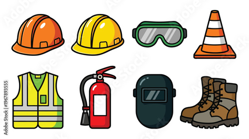Industrial safety equipment icons set with hard hats safety vest and fire extinguisher for workplace security and construction