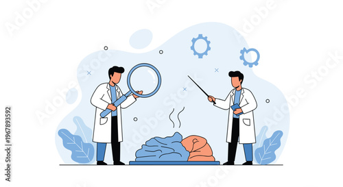 Group of medical researchers or scientists wearing lab coats and using a magnifying glass to examine a biological brain model.