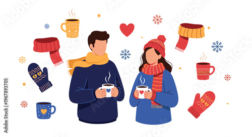 Young couple dressed in warm winter clothes holding hot mugs of coffee or tea surrounded by seasonal icons like snowflakes and mittens.