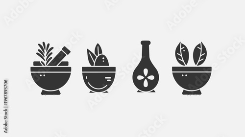 Four monochrome icons display herbal remedies/elements on a light background, silhouetted