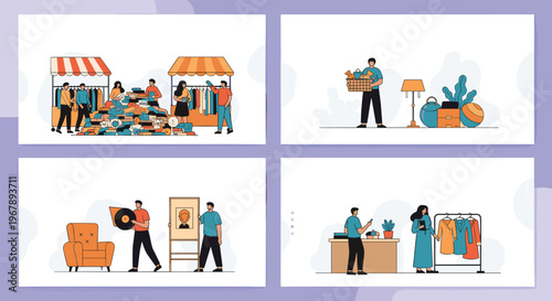 Set of illustrations showing people buying and selling second-hand clothes and items at a garage sale or local flea market.