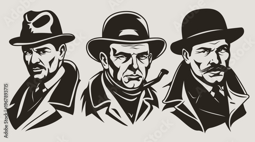 Three men wearing hats and overcoats, rendered in stark black and white illustration style