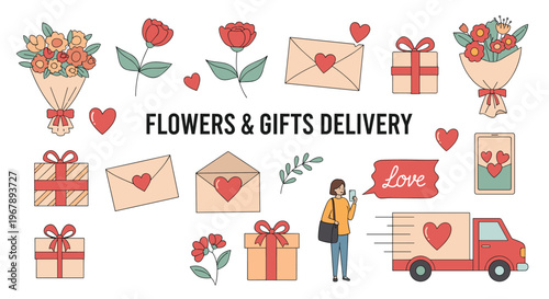 Set of flat vector icons for a flower and gift delivery service featuring bouquets, envelopes, gift boxes, and a delivery truck.