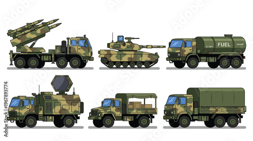 Set of Military Combat and Logistic Support Vehicles with Tank and Missile Launcher for Defense Industry Marketing