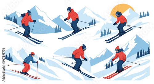 Group of active skiers wearing winter gear and sliding down a snowy mountain slope during a sunny day at a popular ski resort.