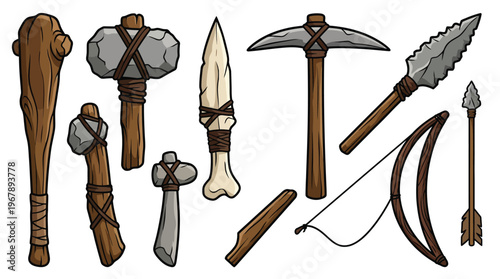 Prehistoric Stone Age Weapons and Ancient Primitive Tools Vector Illustration Set for Gaming History Education and Commercial Design Projects