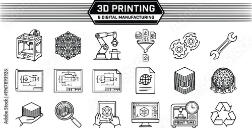 3D printing and digital manufacturing icon set, 18 linear vector elements for additive manufacturing, industrial prototyping and engineering symbols