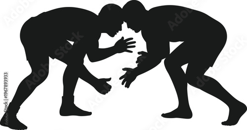 Silhouette of two professional wrestlers in a grappling stance preparing for a match isolated on a white background for sports competition and combat training.