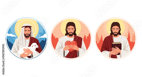 Set of three religious icons depicting Jesus Christ as the good shepherd, a symbol of love with a heart, and holding the holy bible.