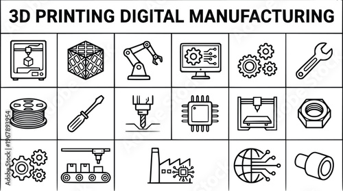 3D printing digital manufacturing icon set, industrial additive manufacturing vector elements, smart factory and robotic engineering symbols