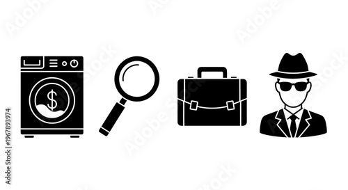 Black icons of spy and investigation tools.