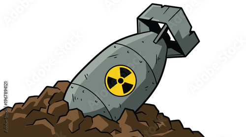 Comic Style Atomic Bomb Illustration with Radiation Warning Sign for Global Conflict and Safety Marketing