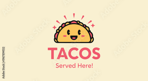 Cute cartoon taco with smiling face and text, perfect for food branding.
