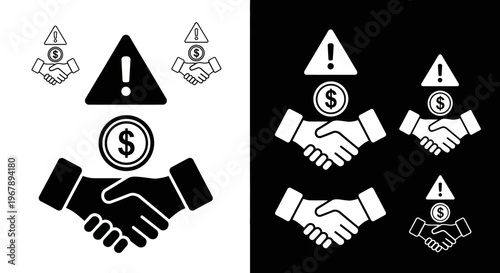 Financial warning signs and handshake icons.