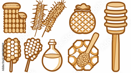 An assortment of simplified honey-related illustrations in tan and white on a white background