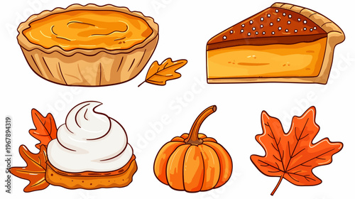 Cartoon image of pumpkin pie, pumpkin, whipped cream, & fall leaves