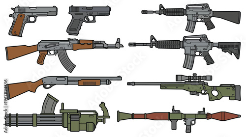 Modern Firearms and Military Weapons Vector Collection for Gaming Graphics Law Enforcement Training and Defense Industry Marketing