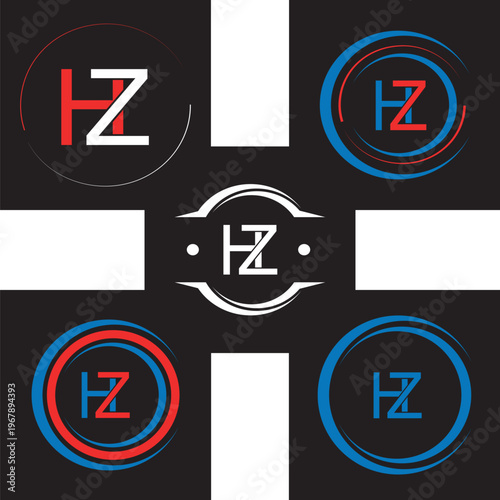 HZ letter logo design in five style. HZ flat and simple style letter logo set in one artboard. HZ minimalist and classic logo