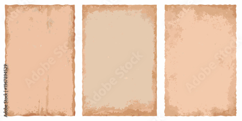 Three rectangular aged paper sheets with rough uneven edges