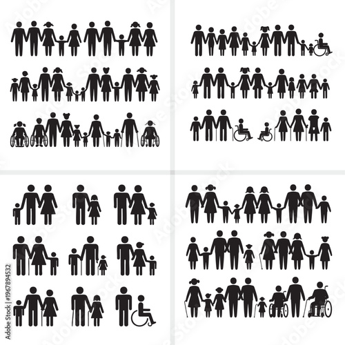 Black and white of diverse people in various poses and activities silhouettes standing