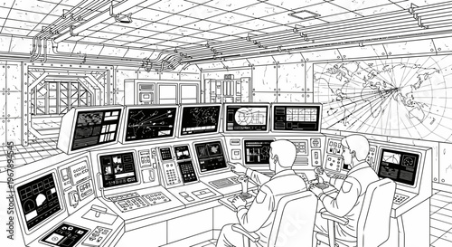 Two men working at computer consoles.