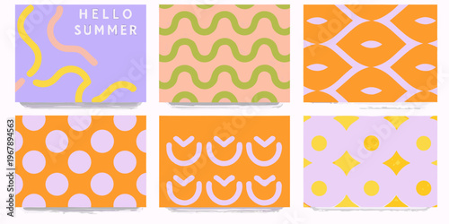 Colorful summer patterns displayed on six square cards with textured edges