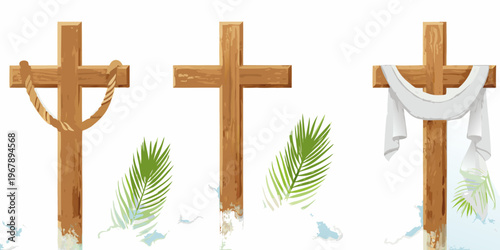 Three wooden crosses with ropes and cloth symbolic of crucifixion