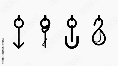 Black vector graphics depict four unique hanging concepts on a stark white background