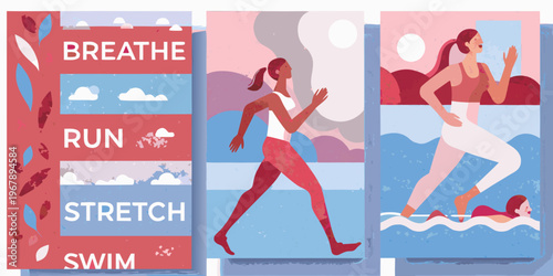 Colorful illustration depicting various forms of exercise and mindful movement