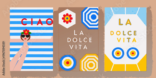 Colorful illustrated panels with italian phrases and whimsical designs