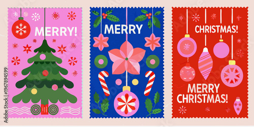 Three colorful christmas banners with ornaments trees and festive greetings