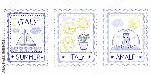 Illustrative postage stamps depicting italian summer scenes and coastal themes