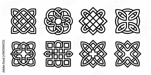 Eight interwoven celtic knot designs on a white background