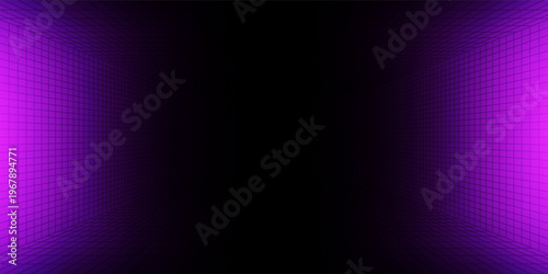 Purple glowing neon wireframe background. Shining checkered vertical grid planes in perspective. Retro futuristic depth wallpaper. Arcade game sci fi matrix surface backdrop for poster, banner. Vector