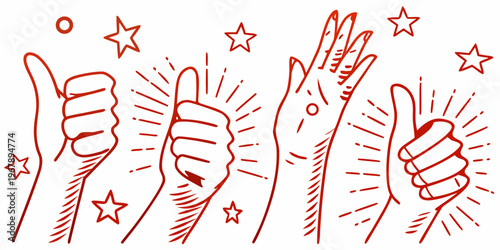 Red doodle of multiple hands displaying various hand gestures and stars