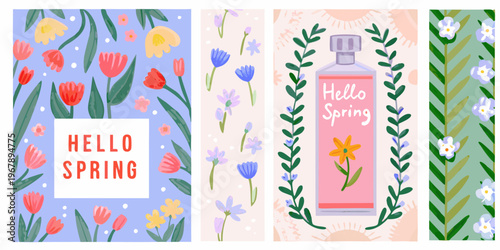 Colorful floral bookmarks with hello spring message in a bright design